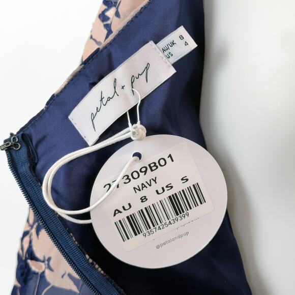 NWT PETAL + PUP Floral Puff Sleeve Ruffle Hem Mini Dress (Navy/Beige | Size 4) - Picture 10 of 11